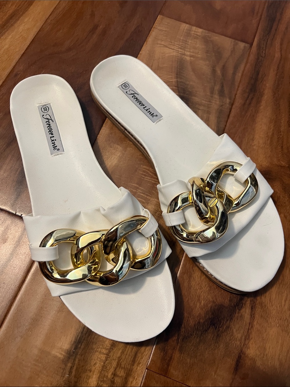 Forever Link White Slide Sandals with Chunky Gold Chain